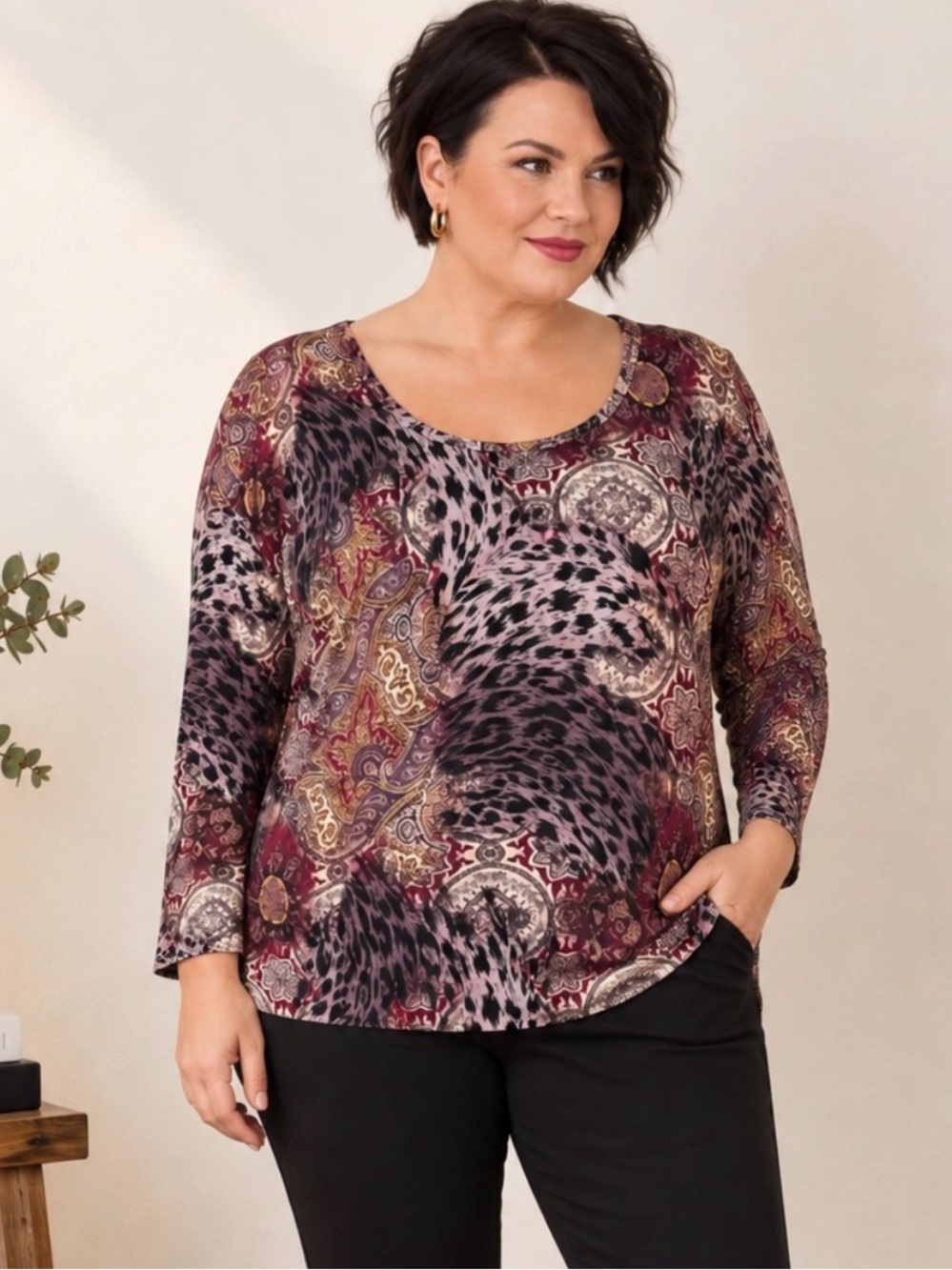 Nygard Collection Mixed Animal Paisley Print Stretch Top 3X Purples